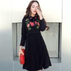 Embroidered Long-sleeve Pleated A-line Dress