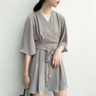 Plain 3/4 Sleeve Wrap Chiffon Dress