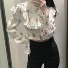 Long-sleeve Floral Ruffle Trim Cropped Blouse