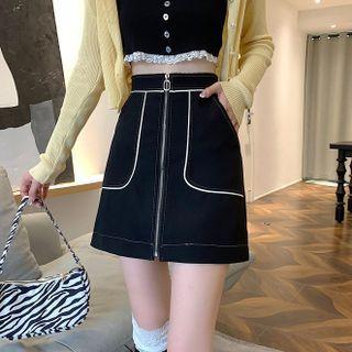 Contrast Trim Zip-up Mini A-line Skirt