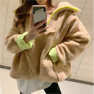 Contrast-trim Fleece Top Beige - One Size