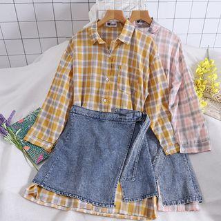 Set Of 2: Plaid Long-sleeve Shirt Dress + Denim Irregular Skirt