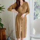 Button-front Rib-knit Dress With Sash