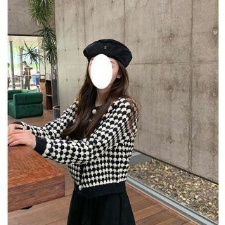 Checkerboard Bow Cropped Cardigan