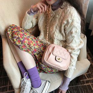 Turtleneck Long-sleeve Top / Floral Midi Straight-fit Skirt / Pom Pom Detail Cable-knit Sweater