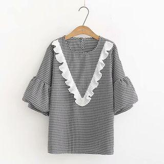 3/4-sleeve Gingham Ruffled Top