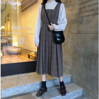 Set: Puff Sleeve Frilled Trim Blouse + Square Neck Plaid Pinafore Dress