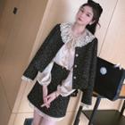 Lace Trim Button Jacket / A-line Skirt / Blouse