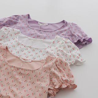 Square Collar Printed Cherry Puff-sleeved Top