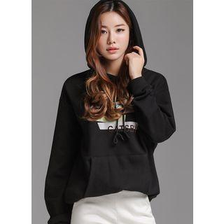 Letter Printed Velvet-trim Hoodie Black - One Size