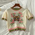 Short-sleeve Cat Print Knit Top Almond - One Size