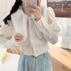Long-sleeve Lace Panel Fleece Cropped Top White - One Size