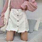 Frayed Button Denim A-line Skirt