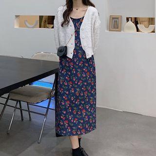 Lantern-sleeve Cardigan / Floral Print Spaghetti-strap Midi A-line Dress