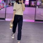 Short-sleeve Knit Top / High Waist Straight Leg Jeans / Set