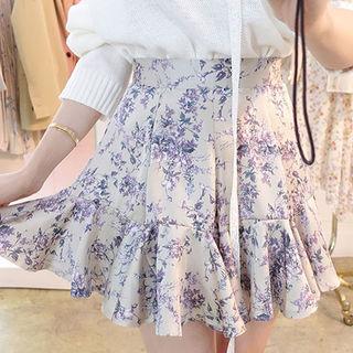 Ruffle-hem Floral Mini Skirt
