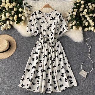 V-neck Bow Print Chiffon Dress