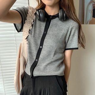 Short-sleeve Contrast Trim Polo-neck Cardigan