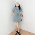 Plain Button-up Drawstring Wide Leg Jumpsuit