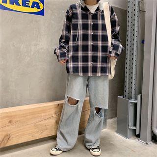 Long-sleeve Plaid Hooded Jacket As Shown In Figure - One Size