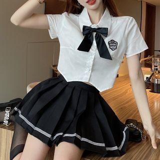 Short-sleeve Embroidered Crop Shirt / Bow Tie / Striped Mini Pleated Skirt / Set