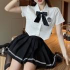 Short-sleeve Embroidered Crop Shirt / Bow Tie / Striped Mini Pleated Skirt / Set