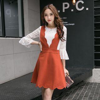 Set: 3/4-sleeve Lace Top + A-line Jumper Skirt