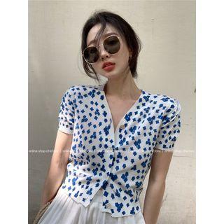 Short-sleeve Floral Print Cardigan Blue & White - One Size