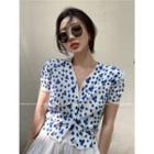 Short-sleeve Floral Print Cardigan Blue & White - One Size