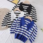 Lapel Striped Knit Puff-sleeve Top