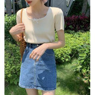 Square Neck Lace Knit Short-sleeve Top