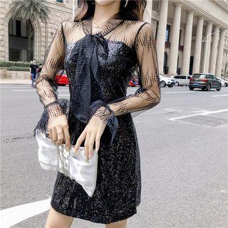 Mesh Panel Sequined Long-sleeve Mini A-line Dress