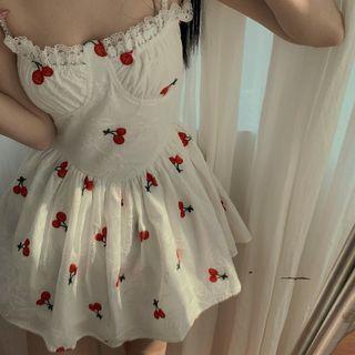 Spaghetti Strap Cherry Embroidered Lace Trim Mini A-line Dress