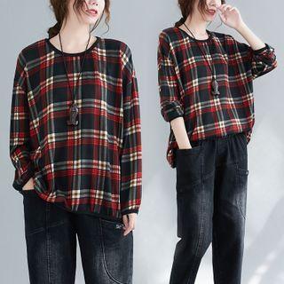 Plaid Long-sleeve T-shirt Plaid - Red & Black & White - One Size
