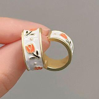 Flower Hoop Earring C-863 - 1 Pair - White & Gold & Orange - One Size