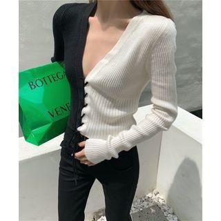 Two-tone Lace-up Knit Cardigan Black & White - One Size