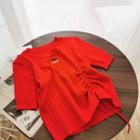 Short-sleeve Drawstring Knit Top Red - One Size