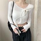 Plain Cropped Camisole Top / Long-sleeve Front-tie Slim-fit Top