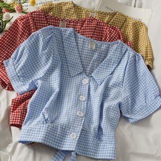 Ribbon-back Puff-sleeve Checker Crop Shirt