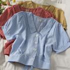 Ribbon-back Puff-sleeve Checker Crop Shirt
