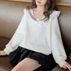 Ruffled Sailor Collar Pullover White - One Size