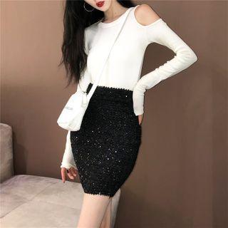 Cold-shoulder Long-sleeve T-shirt / Mini Pencil Skirt