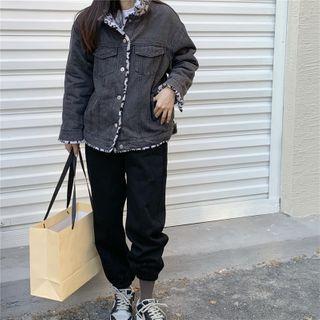 Leopard Print Fleece-lined Denim Jacket / Harem Pants