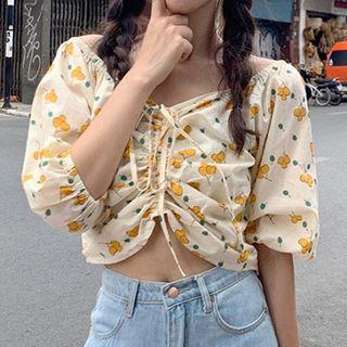 Floral V-neck Drawcord Short-sleeve Top