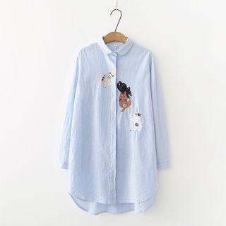 Cat Embroidered Stripe Long Shirt