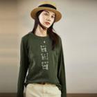 Long-sleeve Print T-shirt Dark Green - One Size