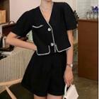 Short-sleeve Contrast Trim Blouse / Shorts