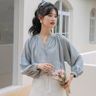 Long-sleeve Plain Blouse Grayish Blue - One Size