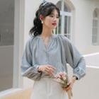 Long-sleeve Plain Blouse Grayish Blue - One Size