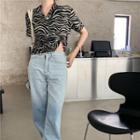 Zebra Print Short-sleeve Blouse Shirt - Zebra - One Size